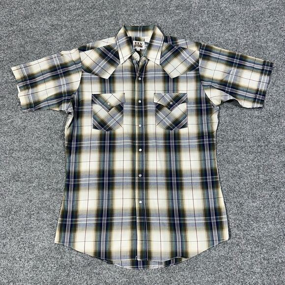 Vintage Ely Cattlemen Mens Shirt Medium Brown Western Snap Plaid - Picture 1 of 7